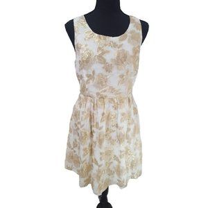 Huesday Women's Dress Large Ivory Gold Floral Sleeveless Silk Blend